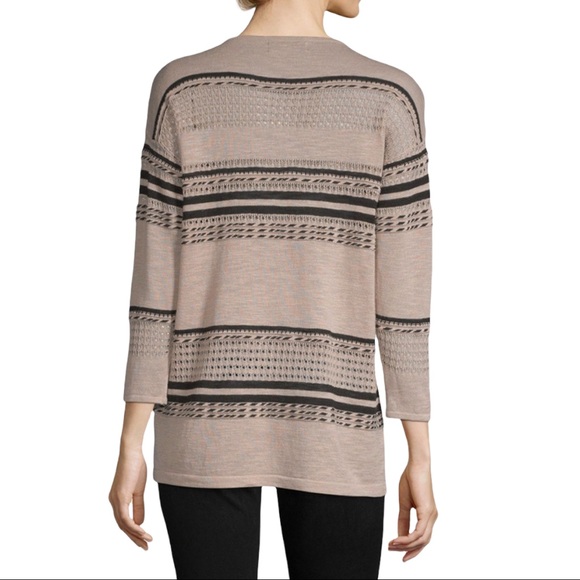 August Silk Black White Striped V Neck Fringe Semi Sheer Pullover Sweater Medium - Picture 15 of 15